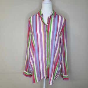 Marella Silk Blouse Multi-Color Vertical Stripe‎ Button Down Long Sleeve Size L